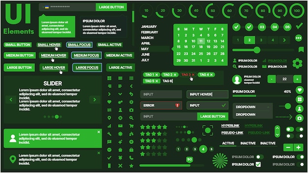 ボタンアイコンナビゲーションメニューレスポンシブなデザイン要素を備えたモダンな UI キットログインフォームメディアプレーヤー検索バーカレンダーアプリウェブサイトに最適です