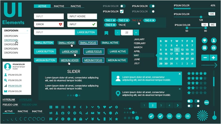 Vector a modern ui kit featuring a collection of buttons icons navigation menus and responsive design elements includes login forms media players search bars and calendars ideal for apps websites