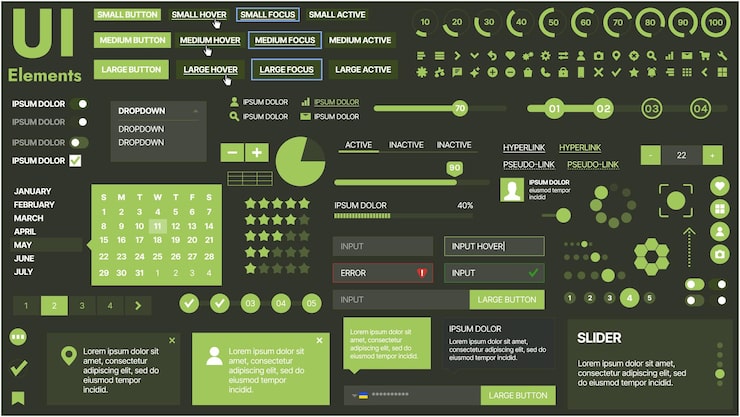 Vector 버튼, 아이콘, 내비게이션 메뉴 및 반응형 디자인 요소를 특징으로하는 현대 ui 키트 로그인 양식, 미디어 플레이어, 검색 바 및 캘린더, 앱 및 웹 사이트에 이상적입니다.