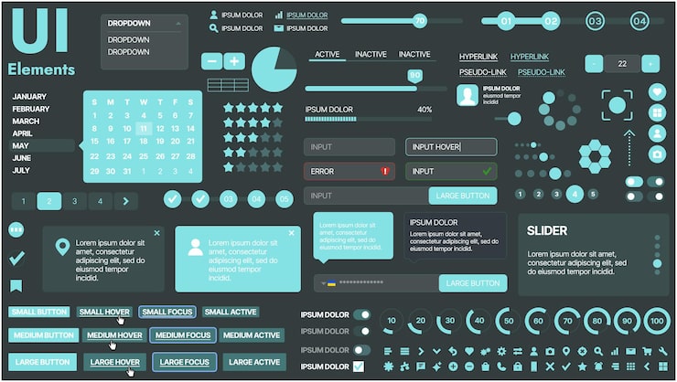 Vector 버튼, 아이콘, 내비게이션 메뉴 및 반응형 디자인 요소를 특징으로하는 현대 ui 키트 로그인 양식, 미디어 플레이어, 검색 바 및 캘린더, 앱 및 웹 사이트에 이상적입니다.