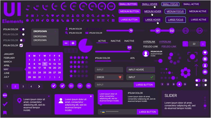 Vector a modern ui kit featuring a collection of buttons icons navigation menus and responsive design elements includes login forms media players search bars and calendars ideal for apps websites