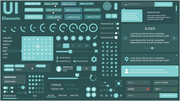 Vector 버튼, 아이콘, 내비게이션 메뉴 및 반응형 디자인 요소를 특징으로하는 현대 ui 키트 로그인 양식, 미디어 플레이어, 검색 바 및 캘린더, 앱 및 웹 사이트에 이상적입니다.