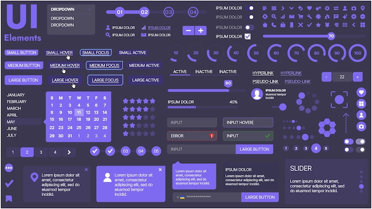 Vector 버튼, 아이콘, 내비게이션 메뉴 및 반응형 디자인 요소를 특징으로하는 현대 ui 키트 로그인 양식, 미디어 플레이어, 검색 바 및 캘린더, 앱 및 웹 사이트에 이상적입니다.