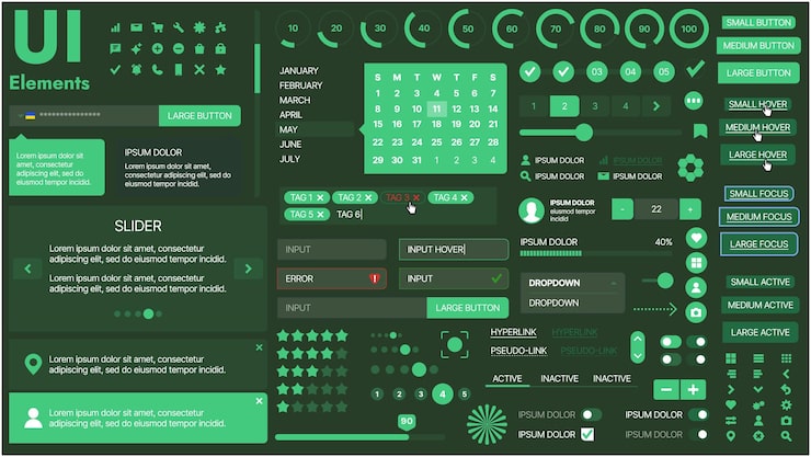Vector 버튼, 아이콘, 내비게이션 메뉴 및 반응형 디자인 요소를 특징으로하는 현대 ui 키트 로그인 양식, 미디어 플레이어, 검색 바 및 캘린더, 앱 및 웹 사이트에 이상적입니다.