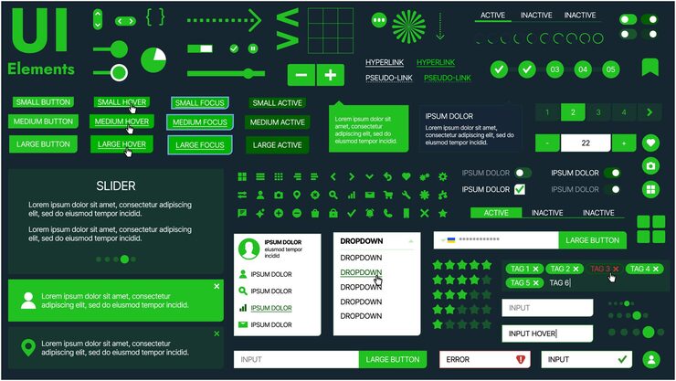 Вектор современный комплект пользовательского интерфейса с коллекцией кнопок, икон, навигационных меню и элементов адаптивного дизайна включает в себя формы входа, медиа-плееры, панели поиска и календари, идеально подходят для приложений и веб-сайтов
