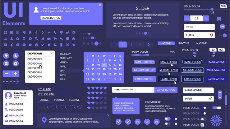 Vector 버튼, 아이콘, 내비게이션 메뉴 및 반응형 디자인 요소를 특징으로하는 현대 ui 키트 로그인 양식, 미디어 플레이어, 검색 바 및 캘린더, 앱 및 웹 사이트에 이상적입니다.