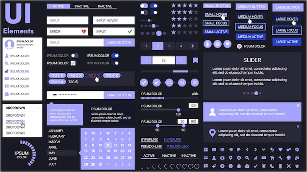 ボタンアイコンナビゲーションメニューレスポンシブなデザイン要素を備えたモダンな UI キットログインフォームメディアプレーヤー検索バーカレンダーアプリウェブサイトに最適です