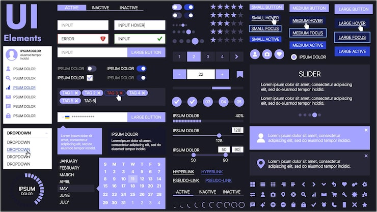 Vector 버튼, 아이콘, 내비게이션 메뉴 및 반응형 디자인 요소를 특징으로하는 현대 ui 키트 로그인 양식, 미디어 플레이어, 검색 바 및 캘린더, 앱 및 웹 사이트에 이상적입니다.