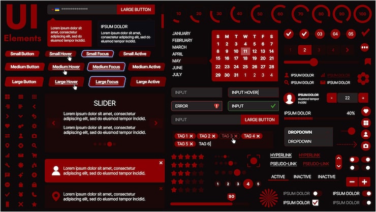 Вектор современный комплект пользовательского интерфейса с коллекцией кнопок, икон, навигационных меню и элементов адаптивного дизайна включает в себя формы входа, медиа-плееры, панели поиска и календари, идеально подходят для приложений и веб-сайтов