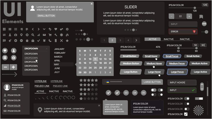 Vector 버튼, 아이콘, 내비게이션 메뉴 및 반응형 디자인 요소를 특징으로하는 현대 ui 키트 로그인 양식, 미디어 플레이어, 검색 바 및 캘린더, 앱 및 웹 사이트에 이상적입니다.