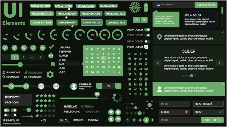 Vector a modern ui kit featuring a collection of buttons icons navigation menus and responsive design elements includes login forms media players search bars and calendars ideal for apps websites