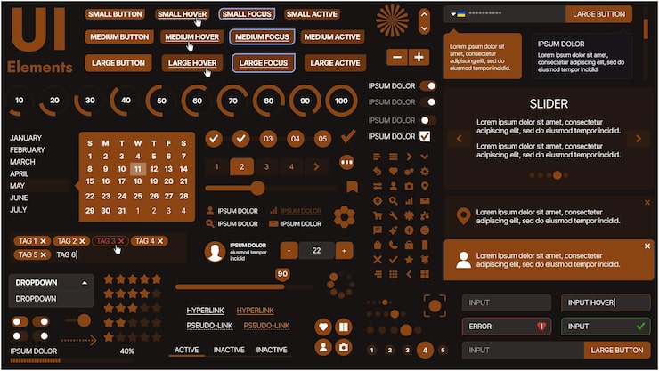 Vector 버튼, 아이콘, 내비게이션 메뉴 및 반응형 디자인 요소를 특징으로하는 현대 ui 키트 로그인 양식, 미디어 플레이어, 검색 바 및 캘린더, 앱 및 웹 사이트에 이상적입니다.