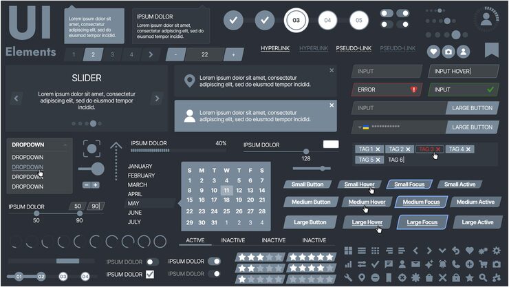 Vector 一套现代化的 ui 套件,包括一系列按,图标,导航菜单和响应式设计元素.包括登录表格,媒体播放器,搜索和日历,适合应用程序和网站