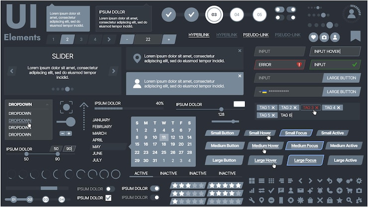 Vector a modern ui kit featuring a collection of buttons icons navigation menus and responsive design elements includes login forms media players search bars and calendars ideal for apps websites