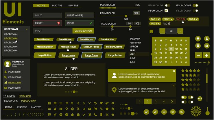 Vector a modern ui kit featuring a collection of buttons icons navigation menus and responsive design elements includes login forms media players search bars and calendars ideal for apps websites