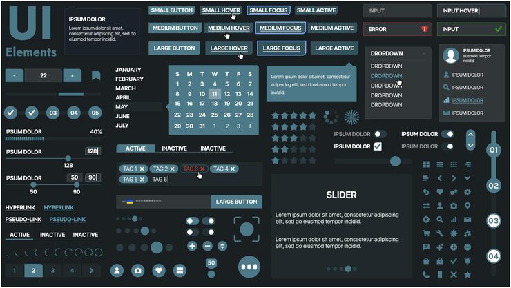 Vector 버튼, 아이콘, 내비게이션 메뉴 및 반응형 디자인 요소를 특징으로하는 현대 ui 키트 로그인 양식, 미디어 플레이어, 검색 바 및 캘린더, 앱 및 웹 사이트에 이상적입니다.