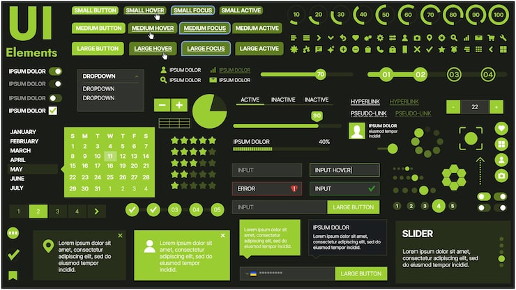 Vector a modern ui kit featuring a collection of buttons icons navigation menus and responsive design elements includes login forms media players search bars and calendars ideal for apps websites