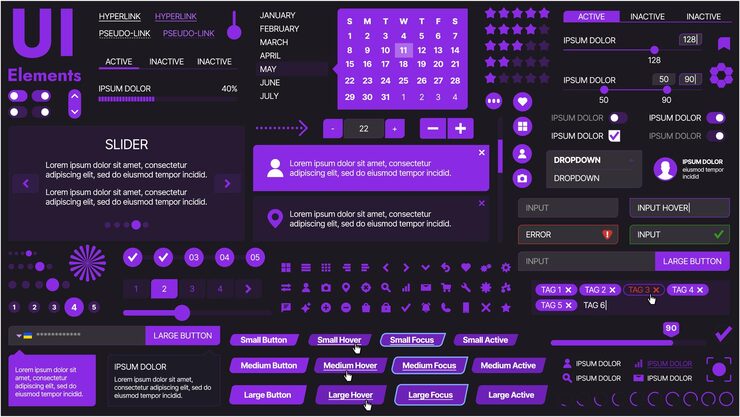 Вектор современный комплект пользовательского интерфейса с коллекцией кнопок, икон, навигационных меню и элементов адаптивного дизайна включает в себя формы входа, медиа-плееры, панели поиска и календари, идеально подходят для приложений и веб-сайтов