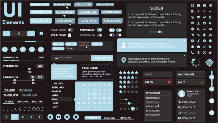 Vector 버튼, 아이콘, 내비게이션 메뉴 및 반응형 디자인 요소를 특징으로하는 현대 ui 키트 로그인 양식, 미디어 플레이어, 검색 바 및 캘린더, 앱 및 웹 사이트에 이상적입니다.