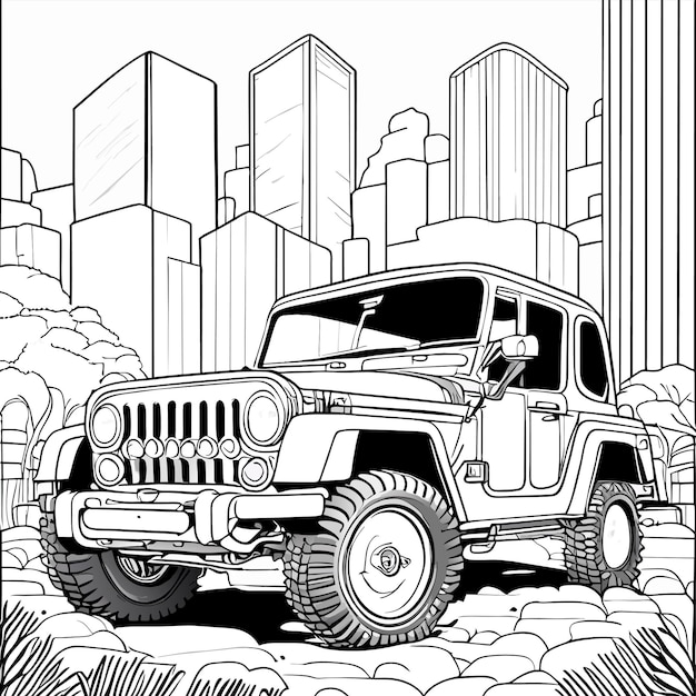 현대 도시 모험 SUV 차량 손으로 그린 만화 스티커 아이콘 개념 고립 된 그림