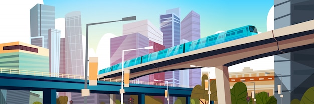 Vector modern urban panorama with high skyscrapers and subway city horizontal illustration