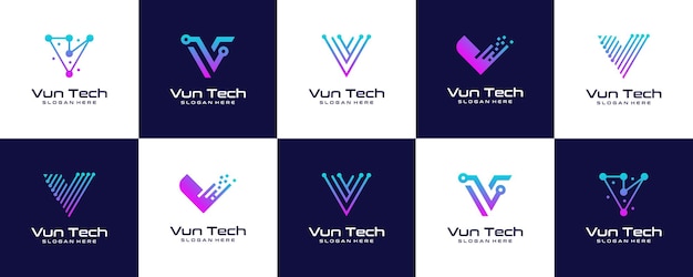 Vector modern v tech vector logo set