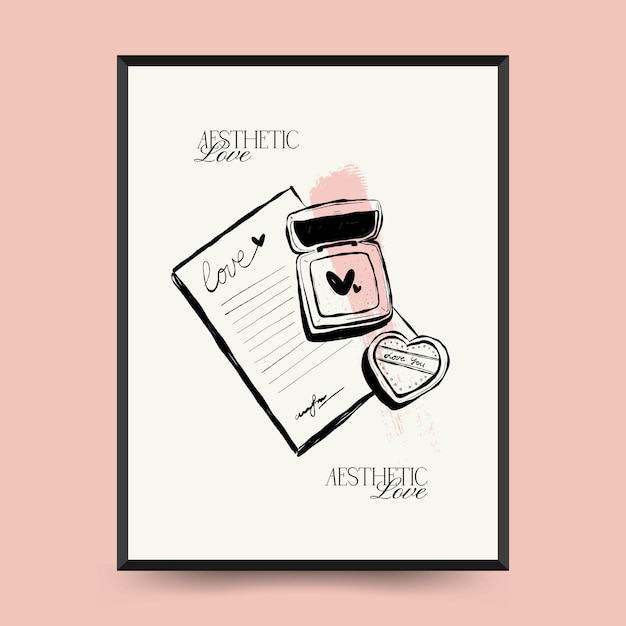 Modern Valentine's day vertical flyer or poster template. Love hand drawn trendy illustration.