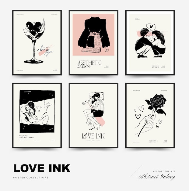 Modern Valentine's day vertical flyer or poster template set Love hand drawn trendy illustration