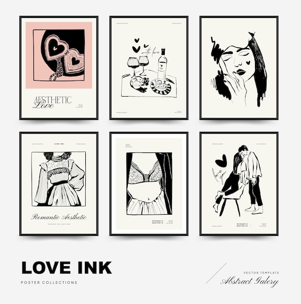 Modern Valentine's day vertical flyer or poster template set Love hand drawn trendy illustration