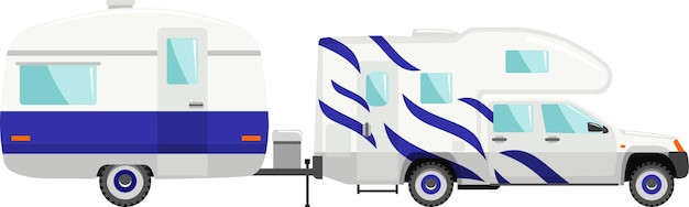 Modern Van with Recreational Travel Trailer Icon in Flat Style Vector Illustration