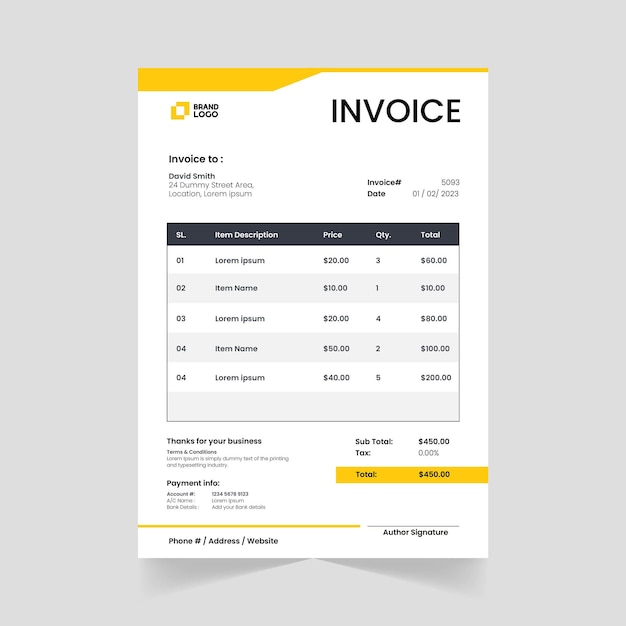 Modern Vector Abstract Invoice Design Template in Black and Yellow Color