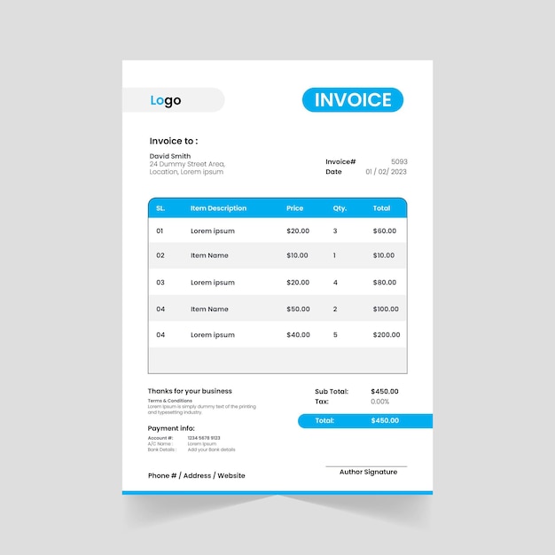 Modern Vector Blue Color Invoice Design Template