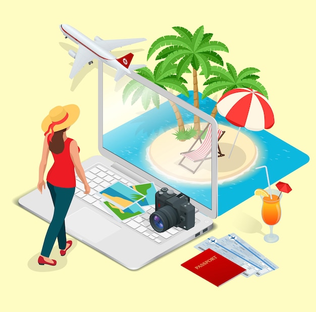 Moderno concetto vettoriale di viaggiare, prenotare online, pianificare una vacanza estiva. vetrina del mockup dell'app mobile per la prenotazione di hotel in resort per biglietti aerei di viaggio. illustrazione isometrica vettoriale 3d piatta