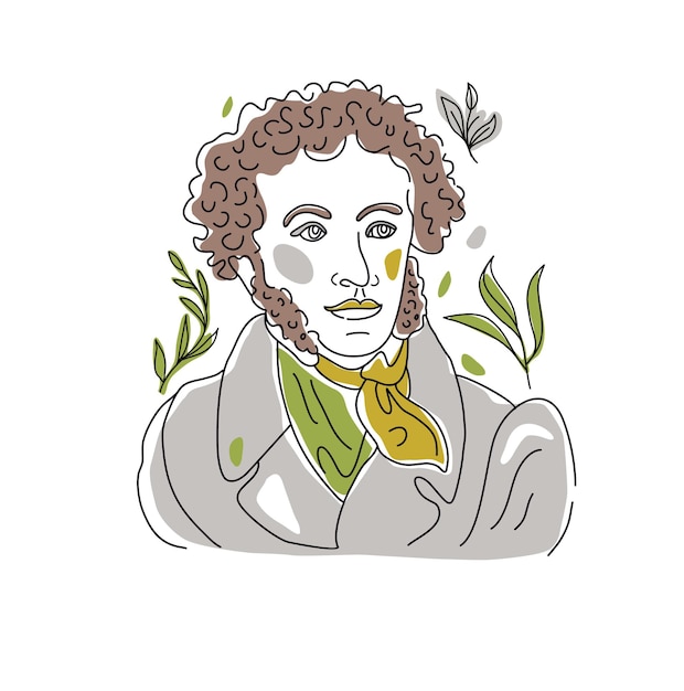 Modern vector illustration alexander sergeyevich pushkin poet modern portrait linear sketch in color