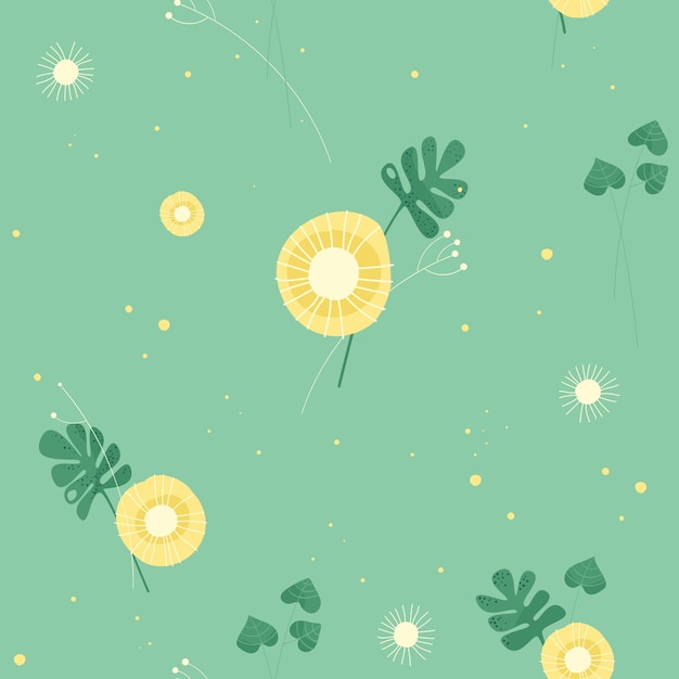Modern vector naadloos patroon met gele bloemen en bladeren op een groene achtergrond