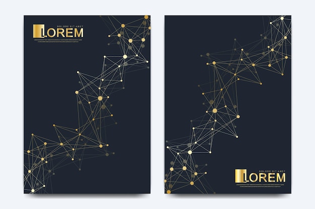 Modern vector template for brochure, Leaflet, flyer, advert, cover, catalog, magazine or annual report. Business, science, medical design. Scientific golden cybernetic dots. Lines plexus. Card surface