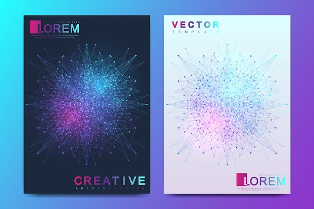 Modern vector template for brochure, leaflet, flyer, cover, banner, catalog, magazine, or annual report in A4 size. Futuristic science and technology design. Presentation with mandala. Lines plexus.