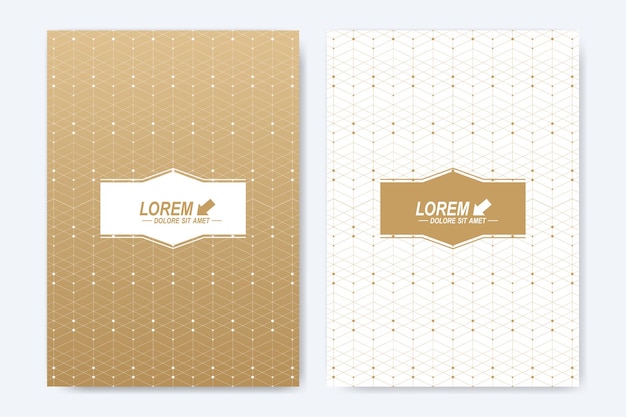 Modern vector template for brochure, leaflet, flyer, cover, booklet, magazine or annual report. a4 size. abstract golden presentation book layout. geometric pattern with connected lines and dots.