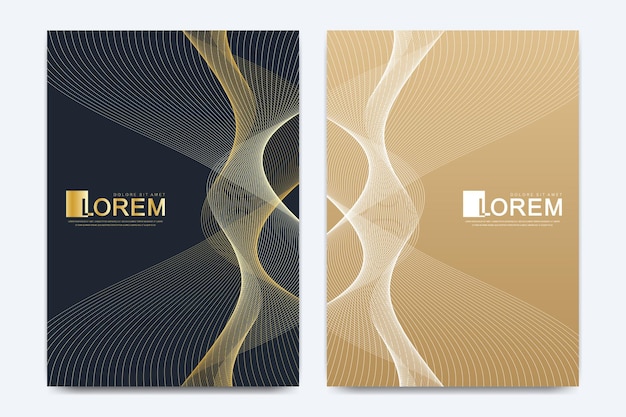 Modern vector template for brochure, leaflet, flyer, cover, catalog, magazine or annual report in A4 size. Business, science and technology design book layout. Presentation with golden waves.