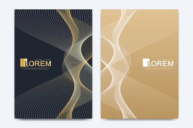 Vector modern vector template for brochure, leaflet, flyer, cover, catalog, magazine or annual report in a4 size. business, science and technology design book layout. presentation with golden waves.