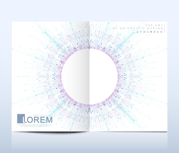 벡터 브로셔, 전단지, 전단지, 표지, 배너, 카탈로그, 잡지 또는 a4 크기의 연례 보고서를 위한 현대적인 벡터 템플릿입니다. 미래 과학 및 기술 디자인입니다. 만다라를 사용한 프레젠테이션. 라인 신경총.