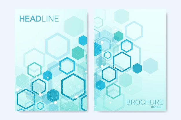 Modern vector templates for brochure, cover, banner, flyer, annual report, leaflet. Abstract art composition with hexagons, connecting lines and dots. Digital technology or medical concept.