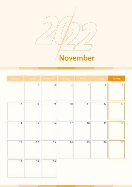 Современный вектор вертикальный календарный лист на ноябрь 2022 года, планировщик на английском языке.