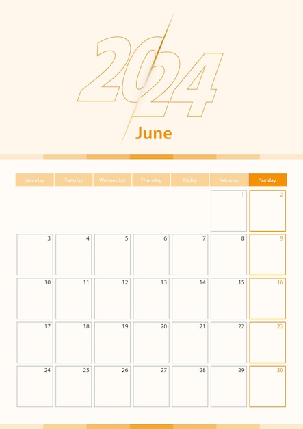 Vector modern vector vertical calendar sheet for june 2024 planner in english