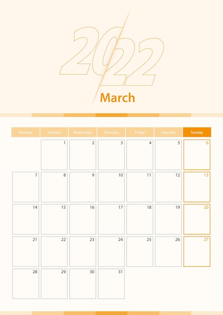 Modern vector vertical calendar sheet for March 2022, planner in English.