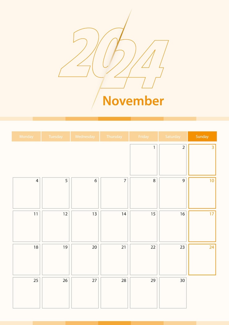 Vector 2024년 11월 플래너를 위한 최신 벡터 세로 달력 시트(영어)
