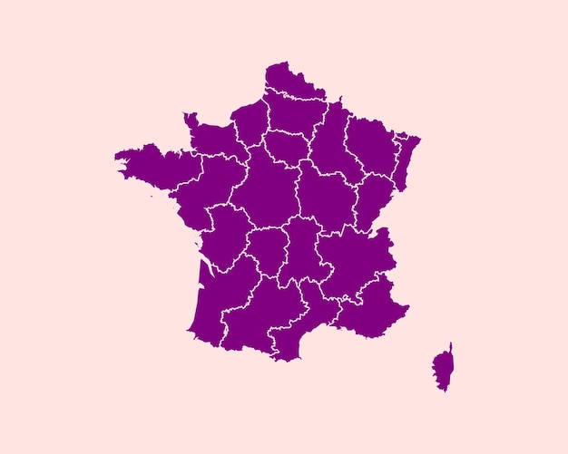 Современная бархатная фиолетовая цветная высокая подробная карта границы Франции, изолированная на фиолетовом