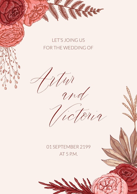 Modern vertical boho wedding designs for invitation greeting cards posters Save the date