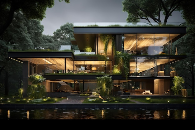 Vector modern villa in green land 3d render