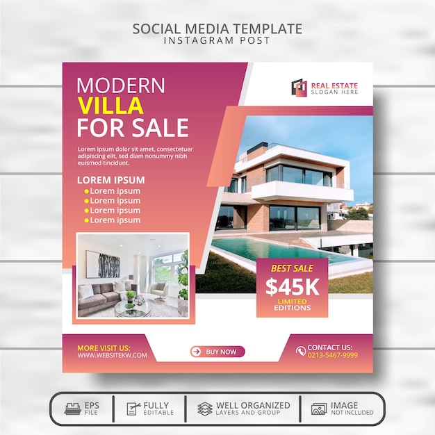 Modern Villa And Real Estate Social Media Post Template Promotion